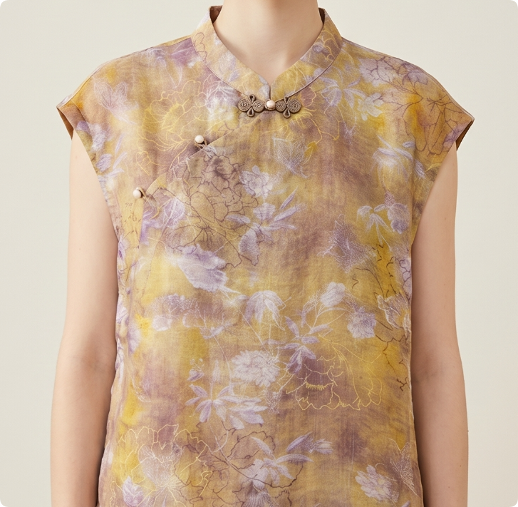 New Chinese Style Vintage Print Mandarin Collar Sleeveless Blouse
