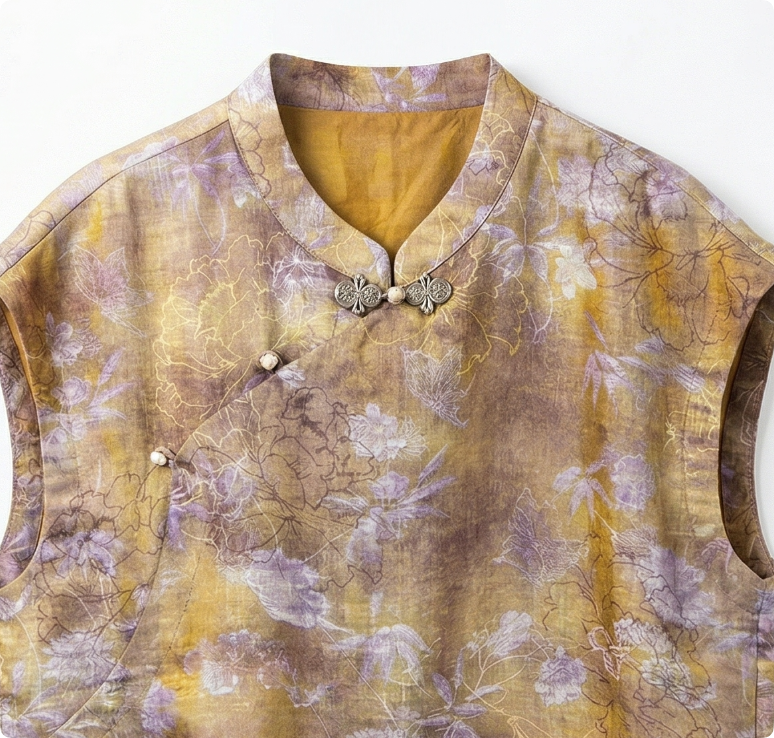 New Chinese Style Vintage Print Mandarin Collar Sleeveless Blouse