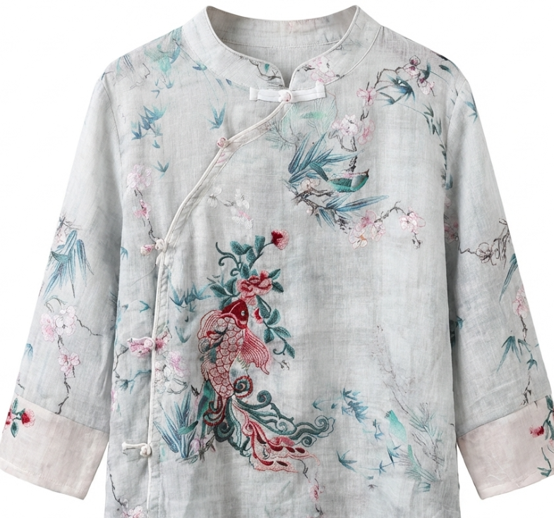 New Chinese-style Koi Embroidered Linen Diagonal Placket Top