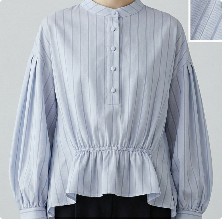 New Chinese-style Light Blue Striped Peplum Blouse