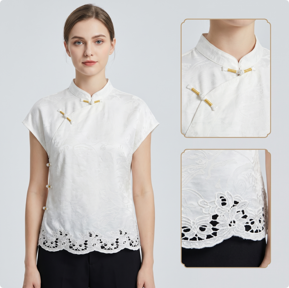 New Chinese style White Jacquard Diagonal Placket Frog Button Blouse
