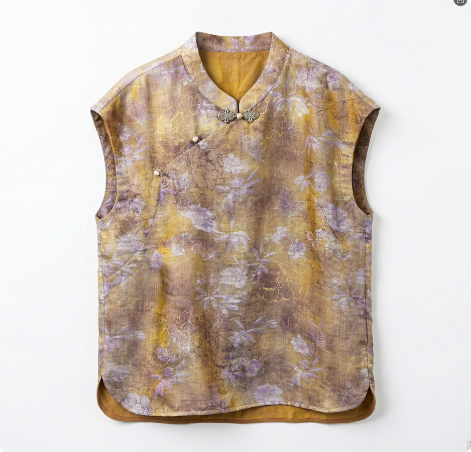 New Chinese Style Vintage Print Mandarin Collar Sleeveless Blouse