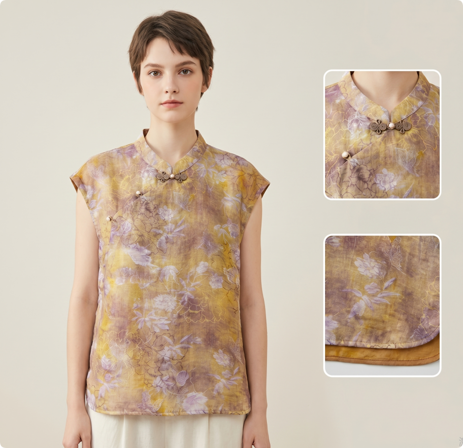New Chinese Style Vintage Print Mandarin Collar Sleeveless Blouse