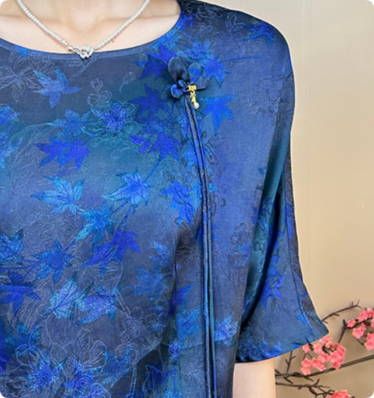 New Chinese-style women's top, satin jacquard shirt, summer mid-sleeve, cool and slimming