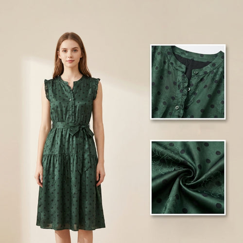 Green Polka Dot Dress Women's Long Dress Sleeveless with Belt