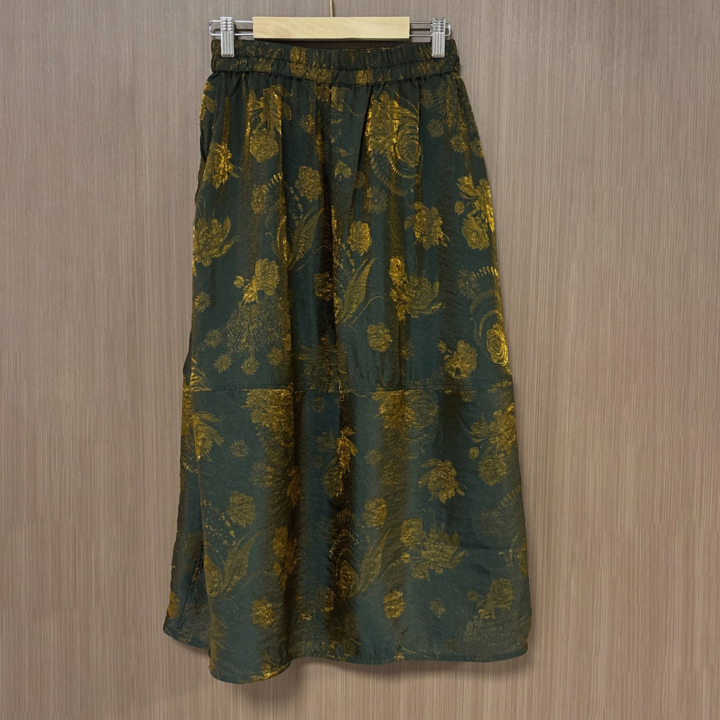 New Chinese-style Green Gold Floral Skirt Elastic Waist Flowy Midi Skirt