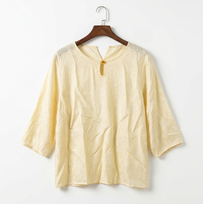New Chinese-style Jacquard Linen Top, Cream Apricot Frog Button 3/4 Sleeve Zen Blouse