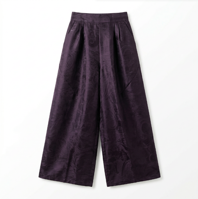 Women's Pants Spring and Autumn Wide-Leg Pants Silk Casual Pants Purple Jacquard Breathable, Cool, and Comfortable