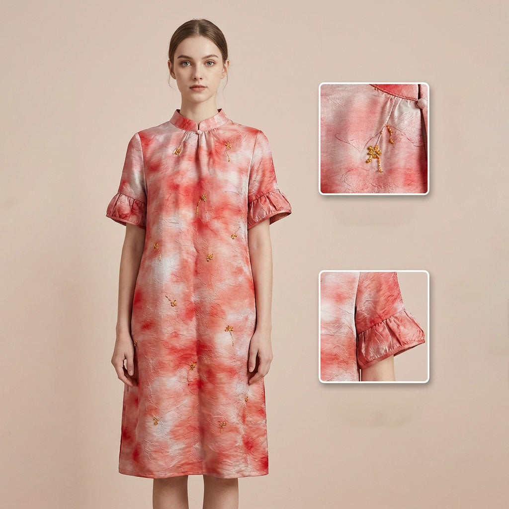New Chinese Style Tie-dye Jacquard Beaded Dress Mandarin Collar Loose Cheongsam Dress