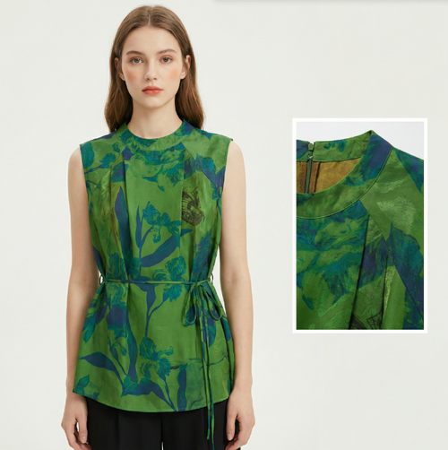 New Chinese Ink Floral Tie-waist Sleeveless Top