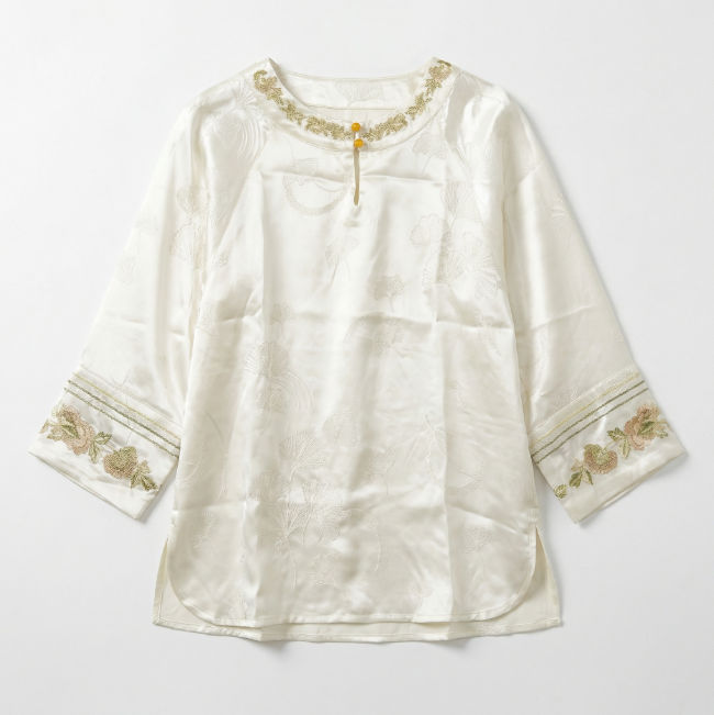Women's Top Hand-Embroidered Silk Round Neck Shirt Xiangyun Gauze Blouse