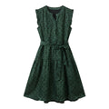 Green Polka Dot Dress Women's Long Dress Sleeveless with Belt
