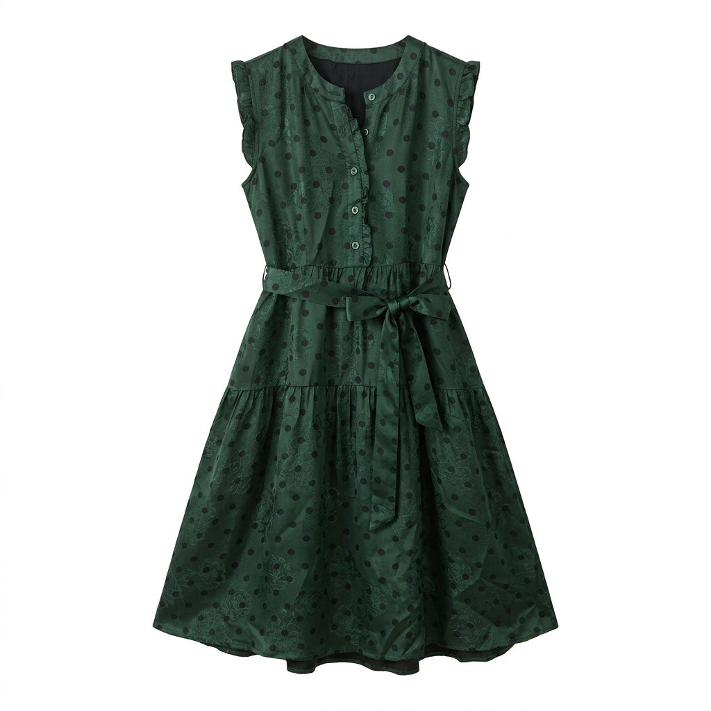Green Polka Dot Dress Women's Long Dress Sleeveless with Belt