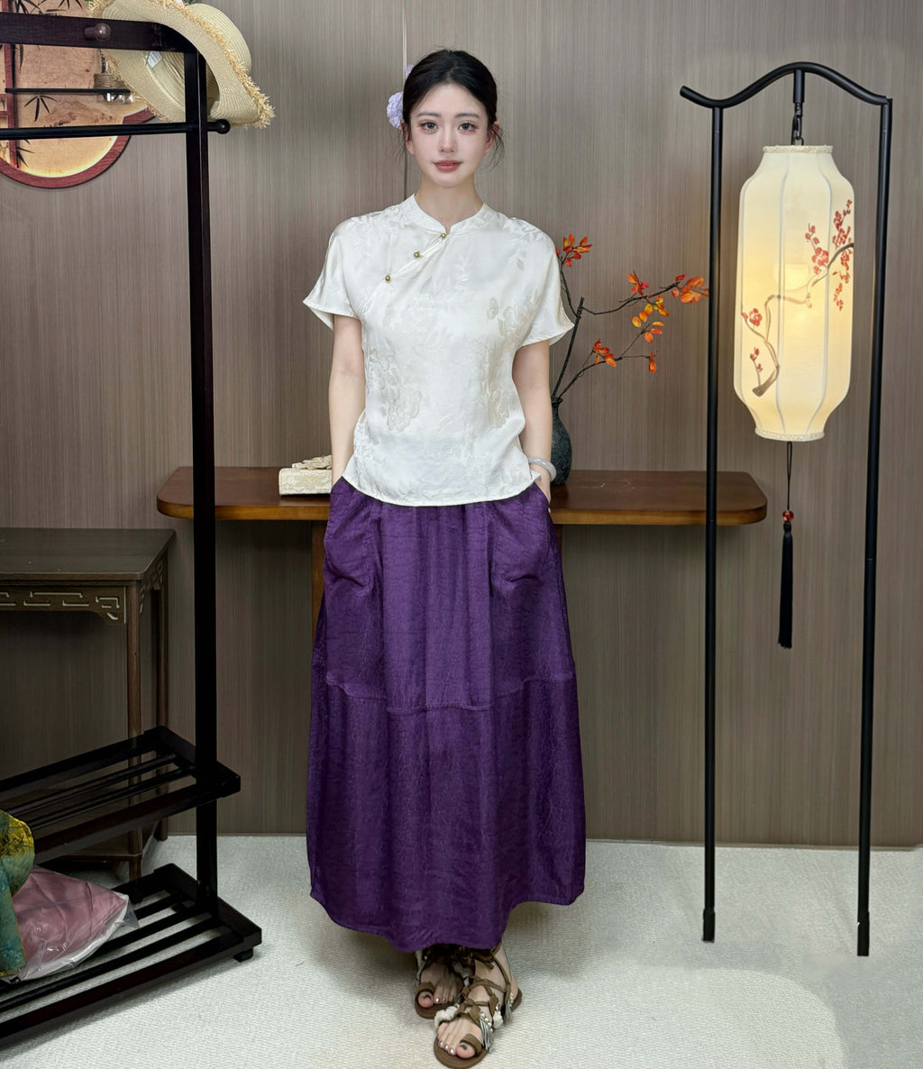 New Chinese-style Floral Jacquard Mandarin Collar Top, Satin Diagonal Placket Frog Button Short-Sleeve Blouse