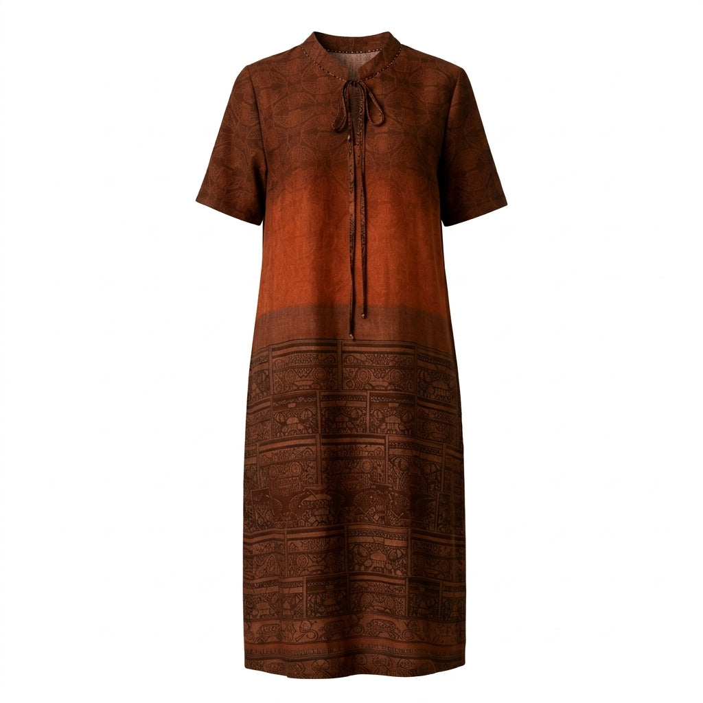 Vintage Gradient Brown Ethnic Tie Neck Dress, Loose Straight Midi Casual Dress