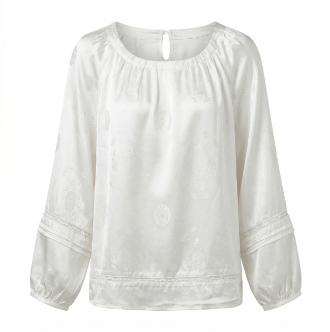 Women's top jacquard fabric round neck lantern sleeve blouse elegant and beautiful