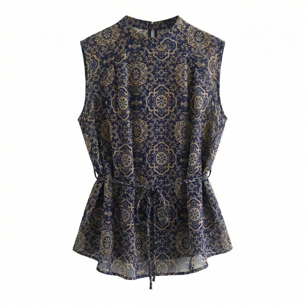 Women's top, printed sleeveless vest, silk belt shirt, elegant temperament