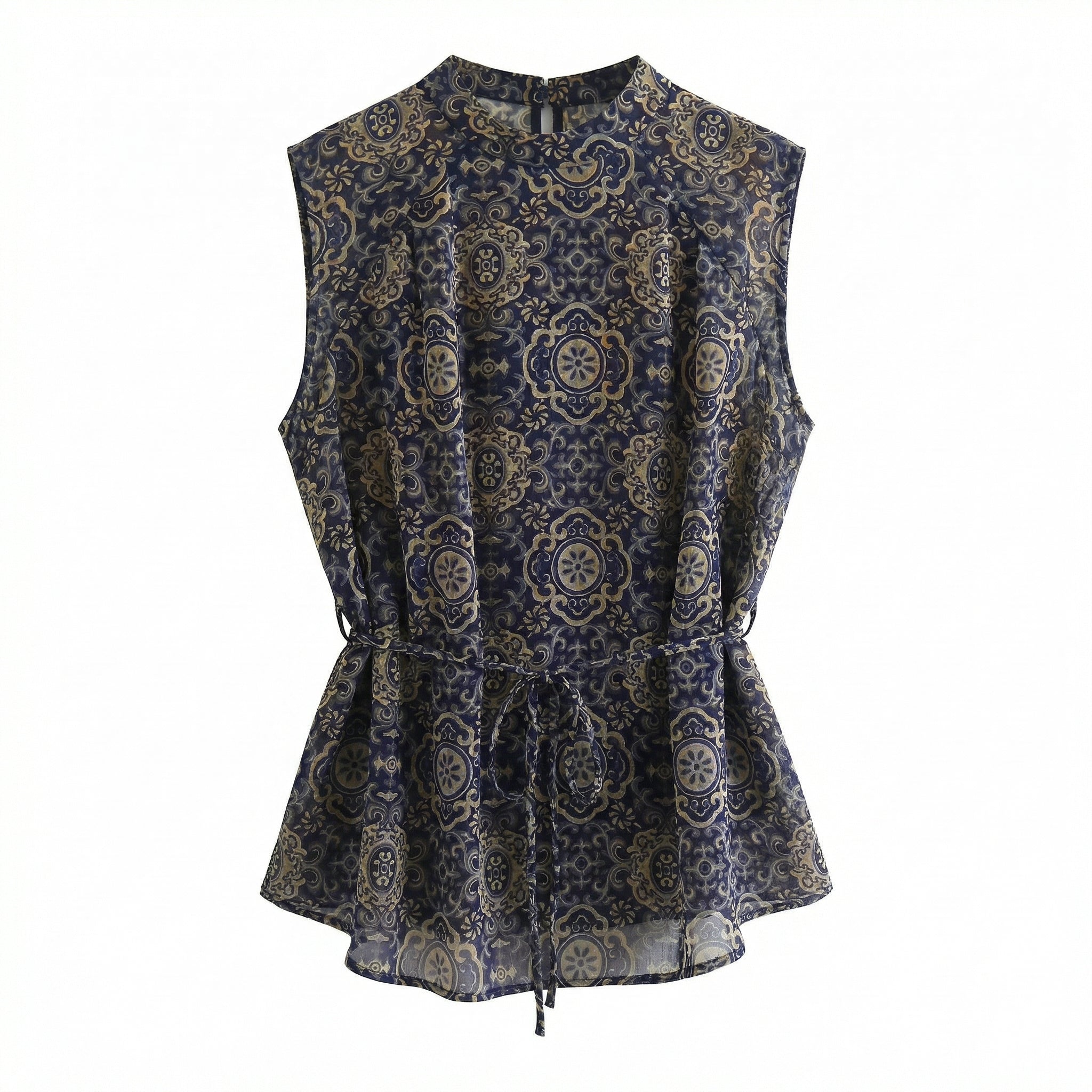 Women's top, printed sleeveless vest, silk belt shirt, elegant temperament