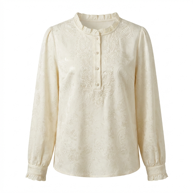 Women's long-sleeve top, hand-embroidered, round neck, satin material, white