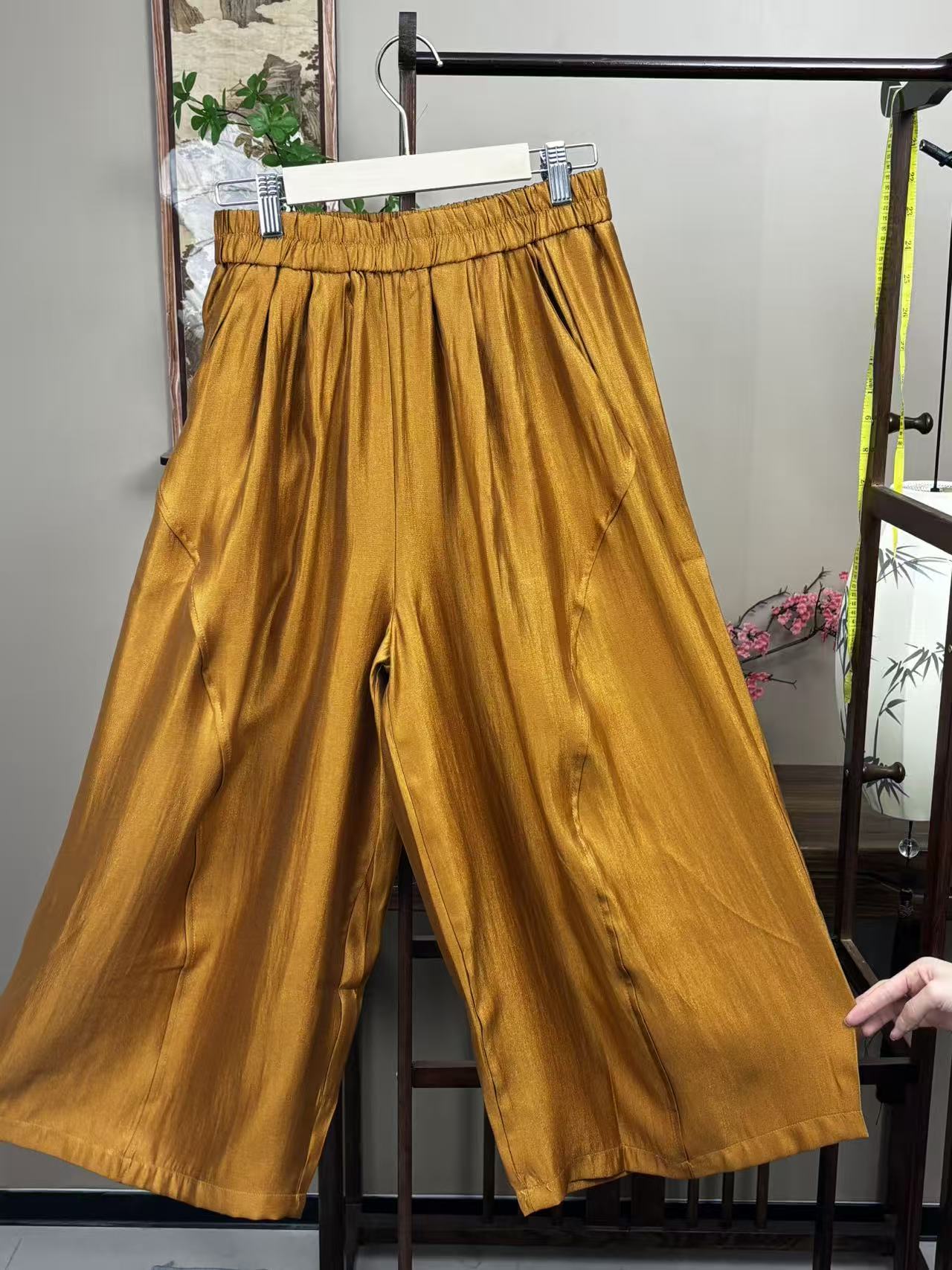 New Chinese-style Satin Elastic Waist Wide-Leg Pants