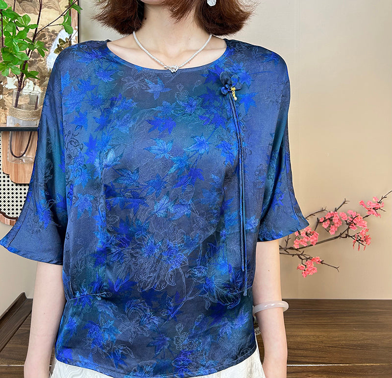 New Chinese-style women's top, satin jacquard shirt, summer mid-sleeve, cool and slimming