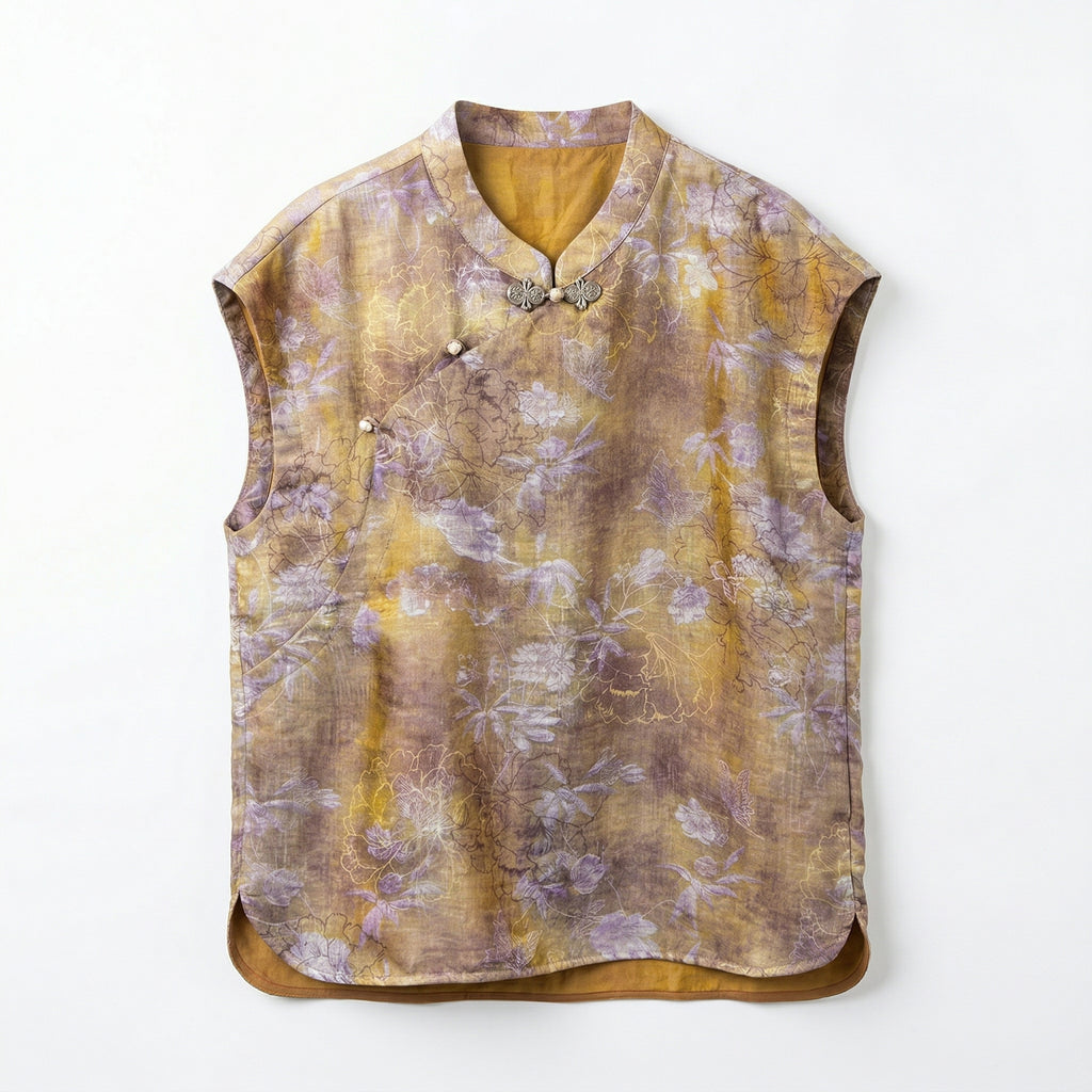 New Chinese Style Vintage Print Mandarin Collar Sleeveless Blouse