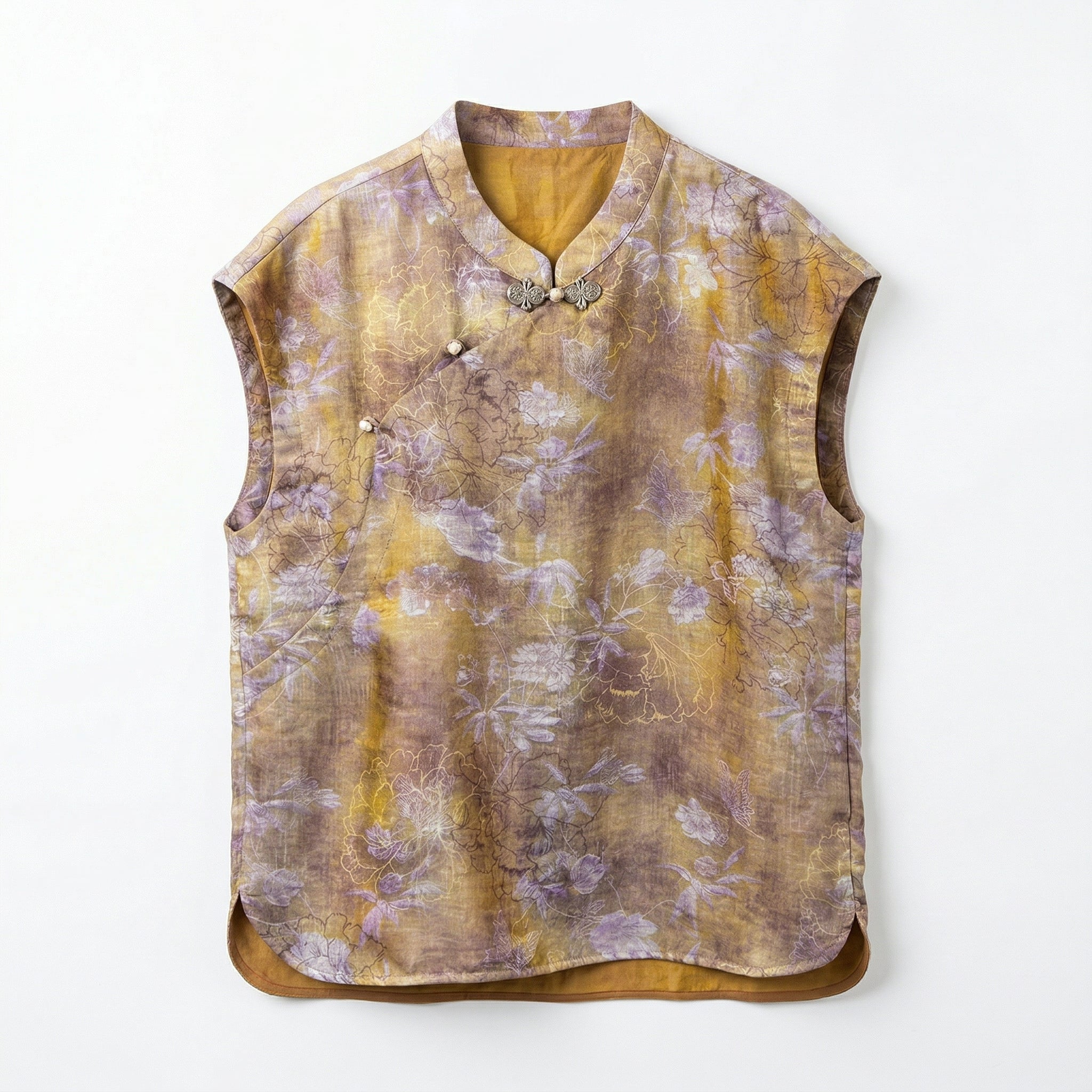 New Chinese Style Vintage Print Mandarin Collar Sleeveless Blouse