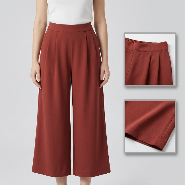 Women's Pants High-Waist Wide-Leg Pants Wine Red Cropped Pants Loose Simple Breathable