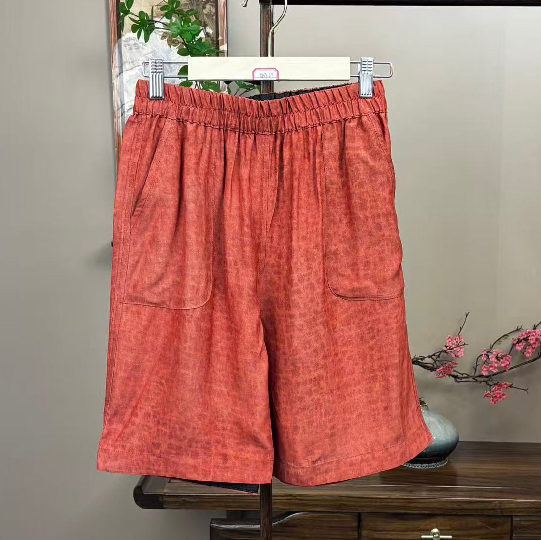Retro Red-Copper Satin Wide Leg Shorts