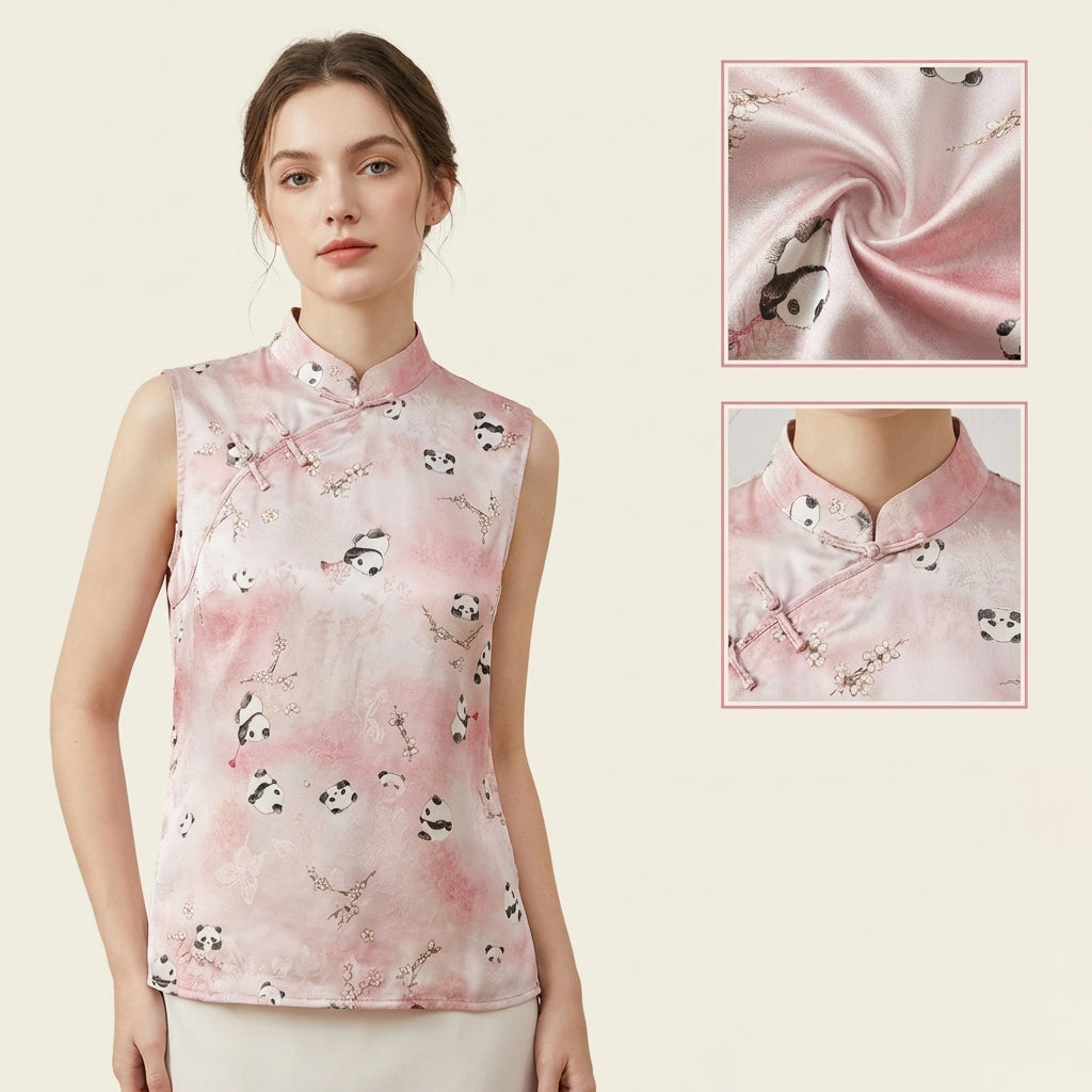 New Chinese-style Pink Panda Print Chinese Style Sleeveless Top