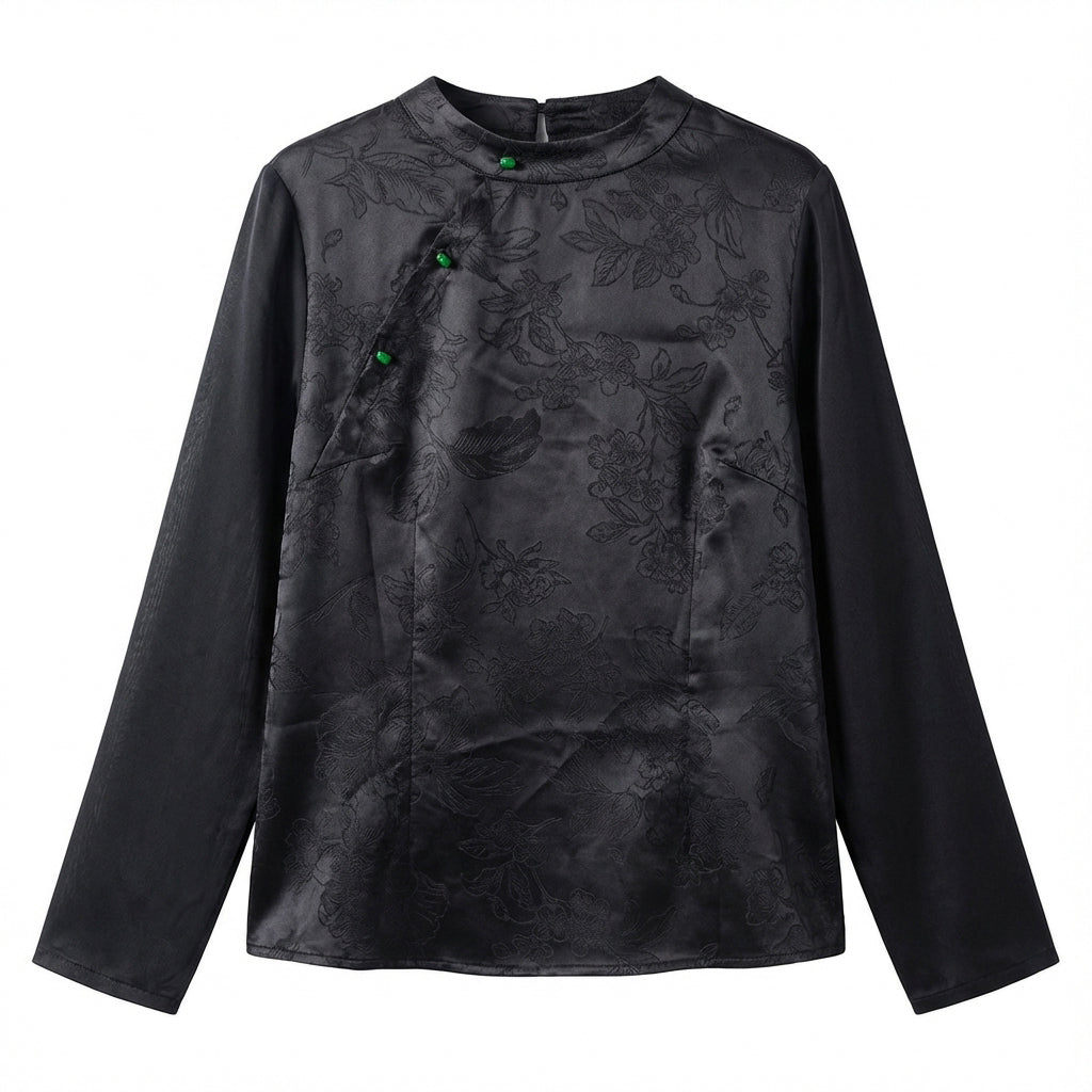 New Chinese-style Collar Velvet Cheongsam Top Black Slim Fit Blouse