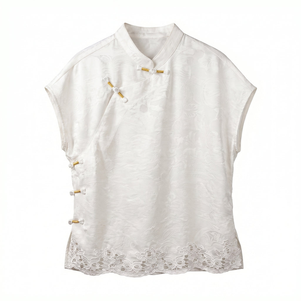 New Chinese style White Jacquard Diagonal Placket Frog Button Blouse