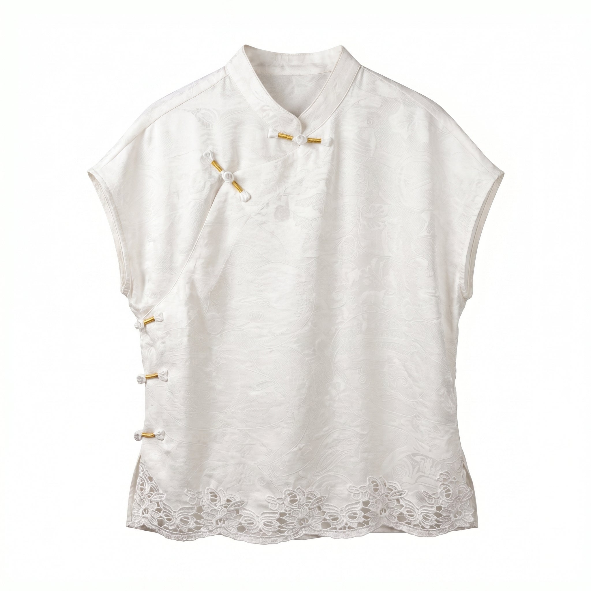 New Chinese style White Jacquard Diagonal Placket Frog Button Blouse