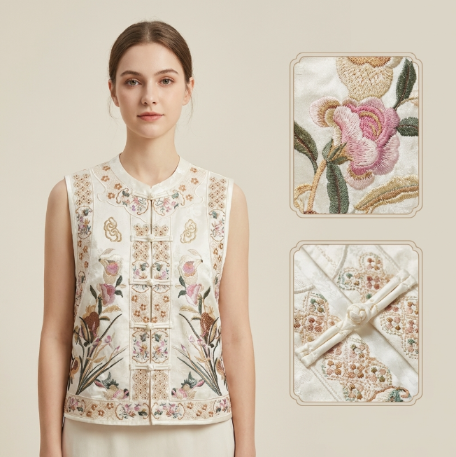 Women's Top Hand-Embroidered Silk Gentle White Sleeveless Vest