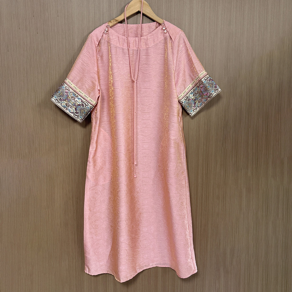New Chinese-style Women's Pink Jacquard Brocade Dress Improved Traditional Midi Dress