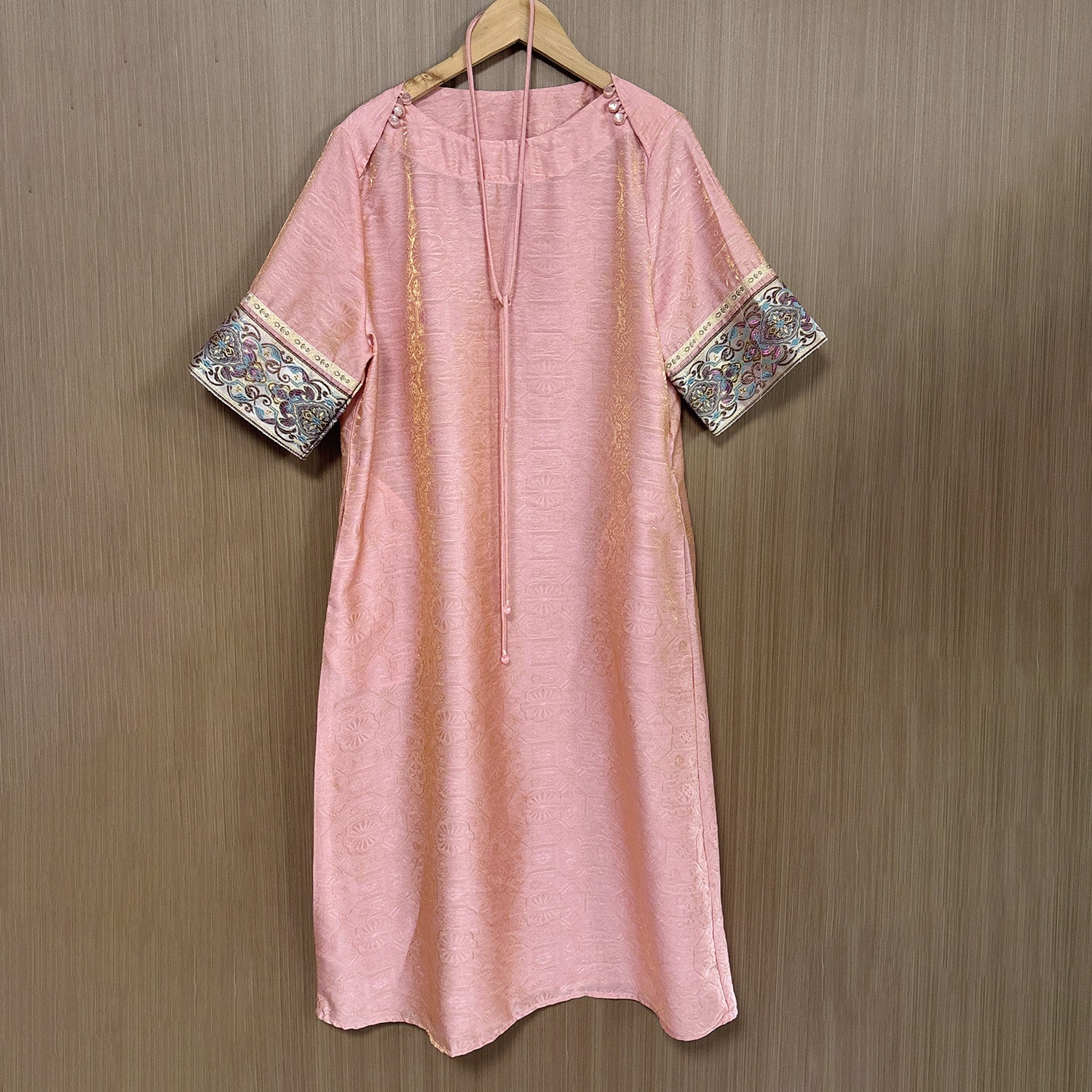 New Chinese-style Women's Pink Jacquard Brocade Dress Improved Traditional Midi Dress