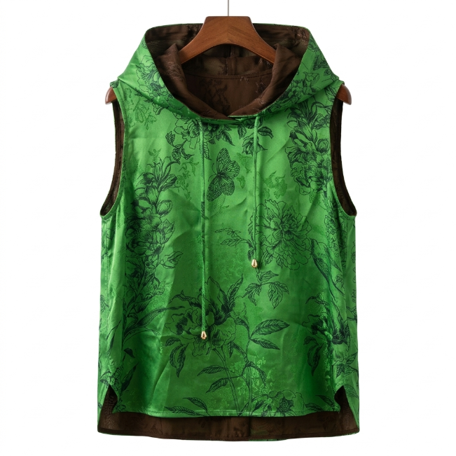 Women's short-sleeve green jacquard top sleeveless with hood