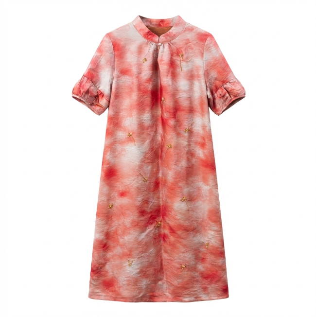 New Chinese Style Tie-dye Jacquard Beaded Dress Mandarin Collar Loose Cheongsam Dress