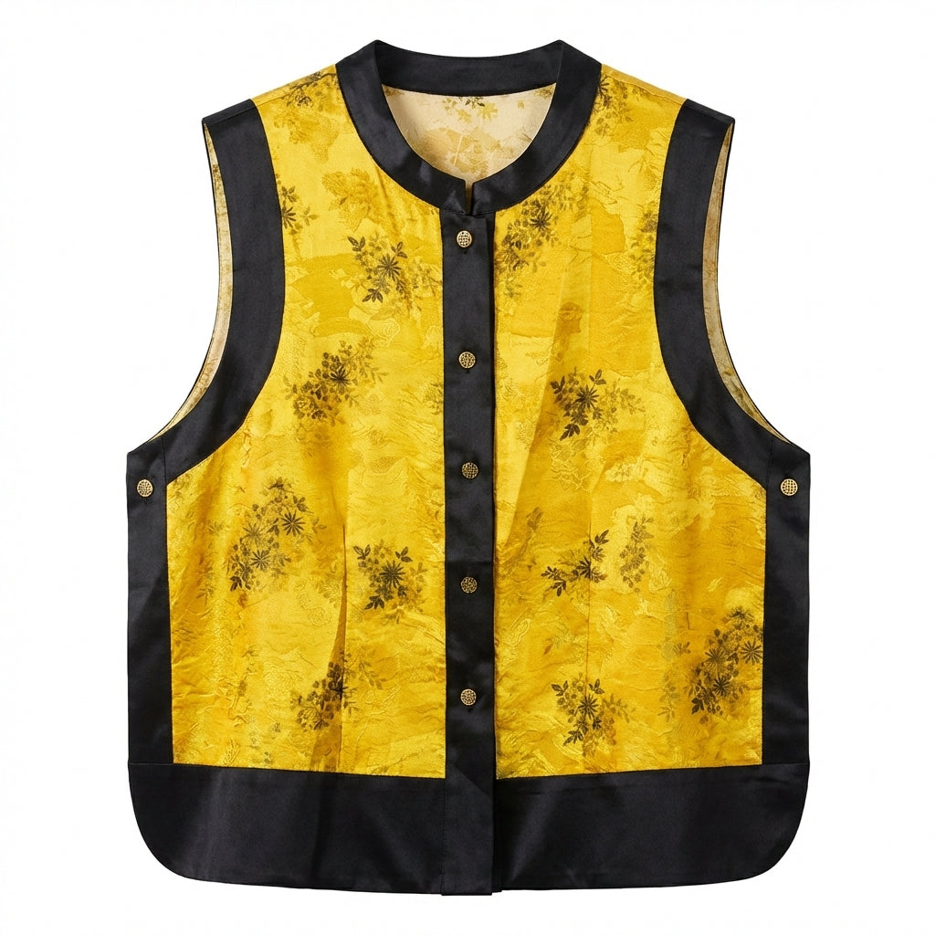 New Chinese Style Xiangyunsha Yellow Floral Colorblock Vest, Vintage Silk Sleeveless Outerwear