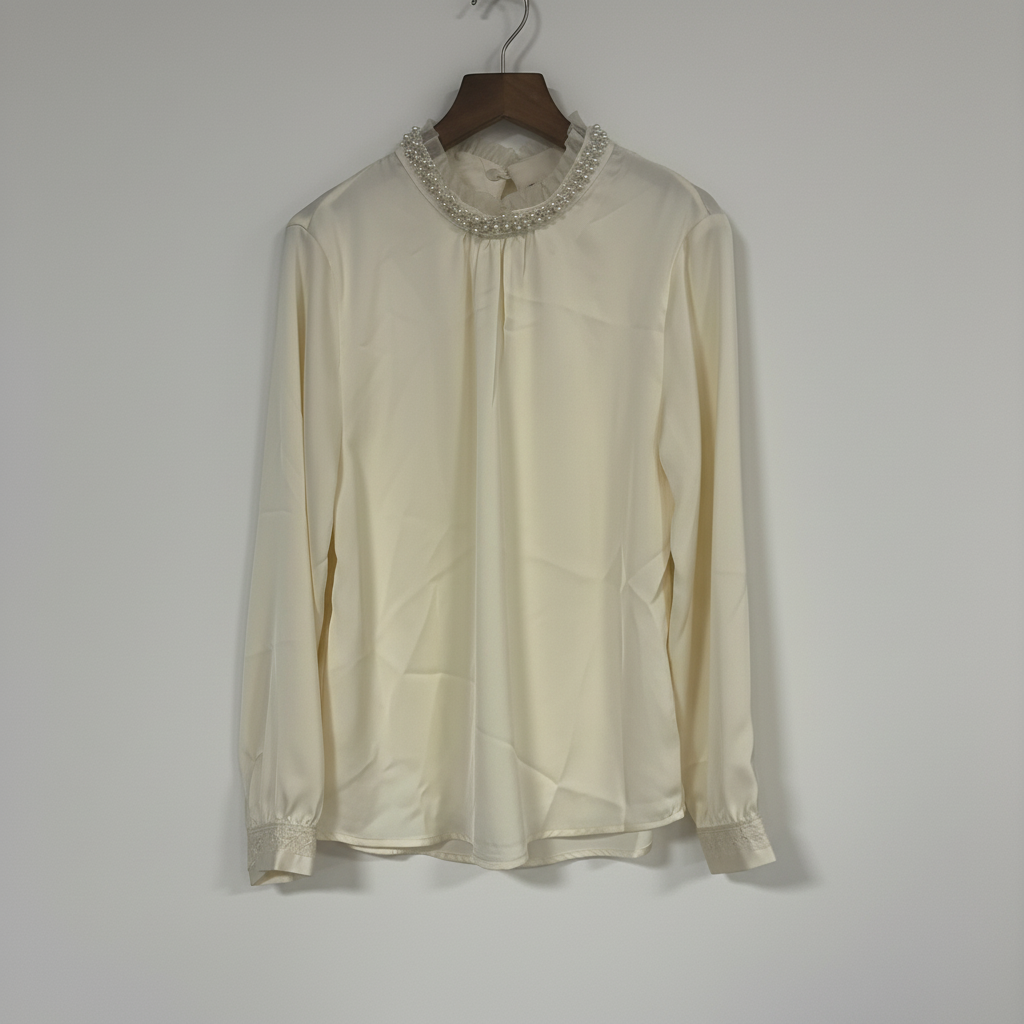 New Chinese-style Pearl Stand Collar Lace Cuff Satin Blouse