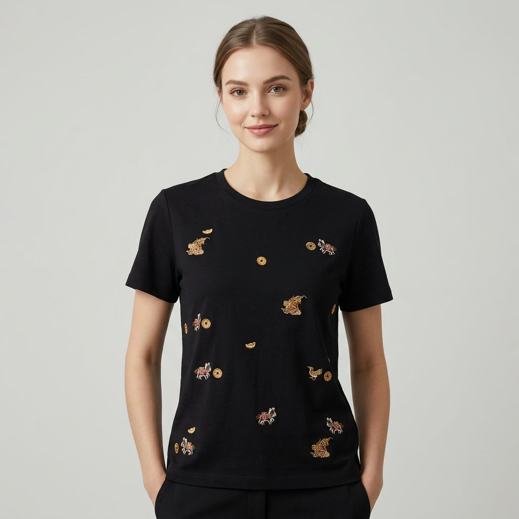 New Chinese-style Embroidered Crew Neck Short Sleeve T-Shirt