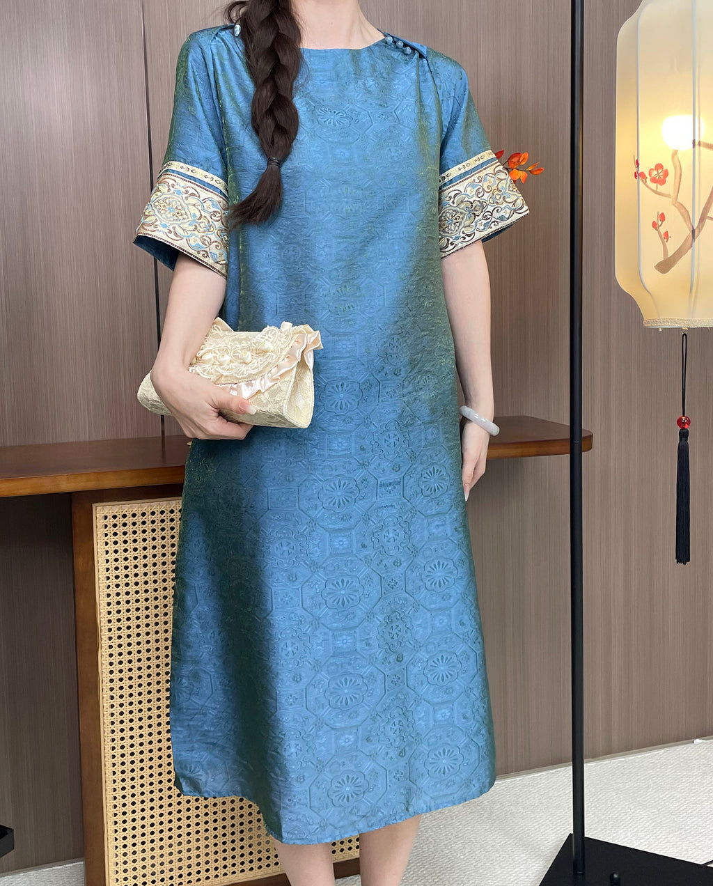 New Chinese-style Blue Jacquard Embroidered Loose Dress