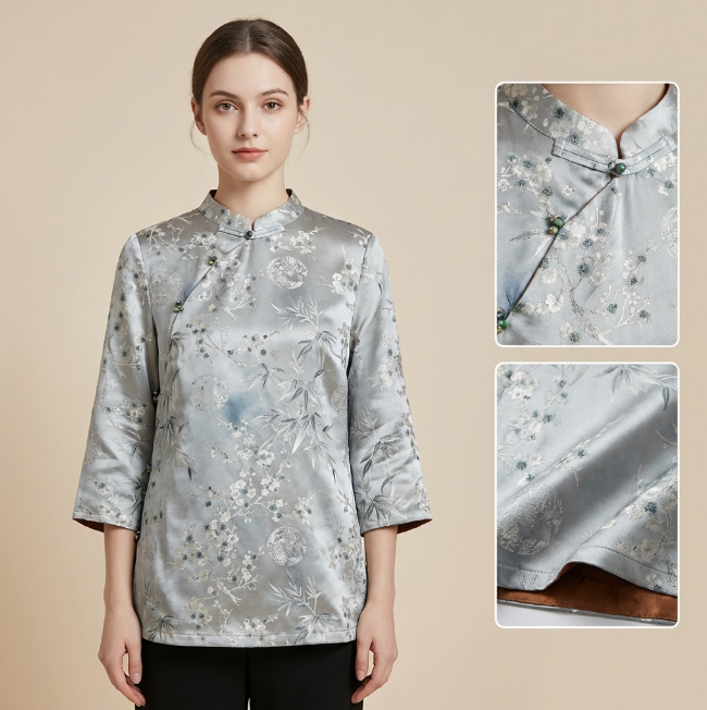 New Chinese-style Plum Bamboo Jacquard Diagonal Placket Frog Button Blouse 3/4 Sleeve Chinese Satin Top