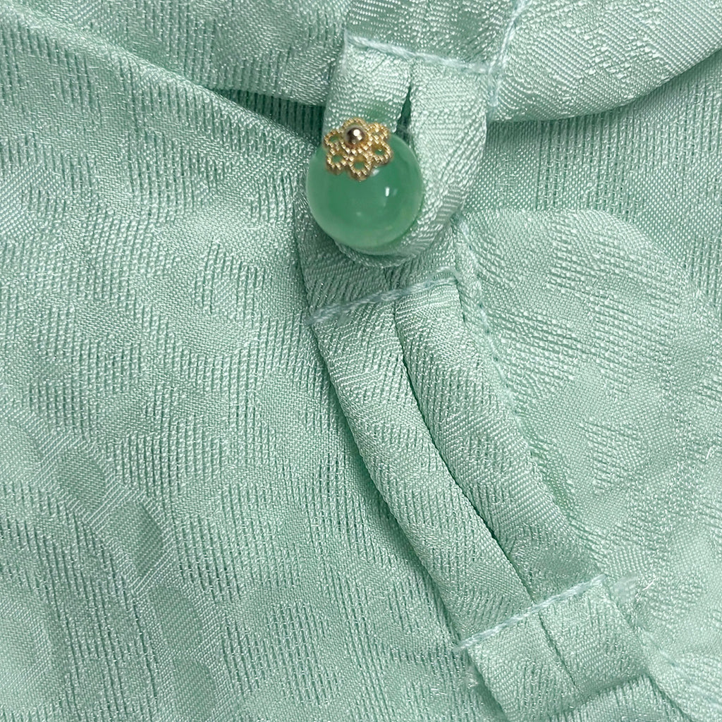 New Chinese-style Light Green Jacquard Frog-Button Blouse Stand Collar Shirt