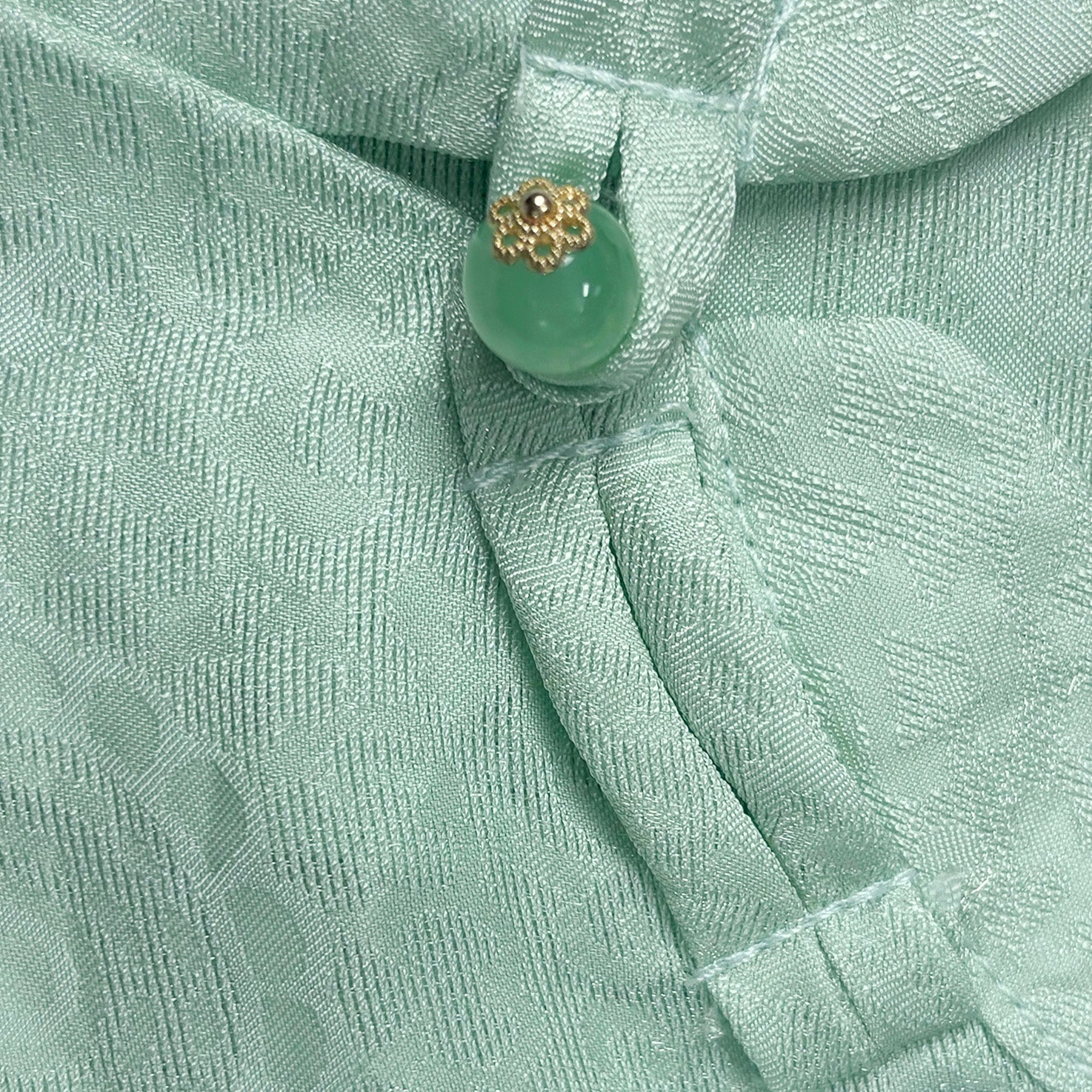 New Chinese-style Light Green Jacquard Frog-Button Blouse Stand Collar Shirt