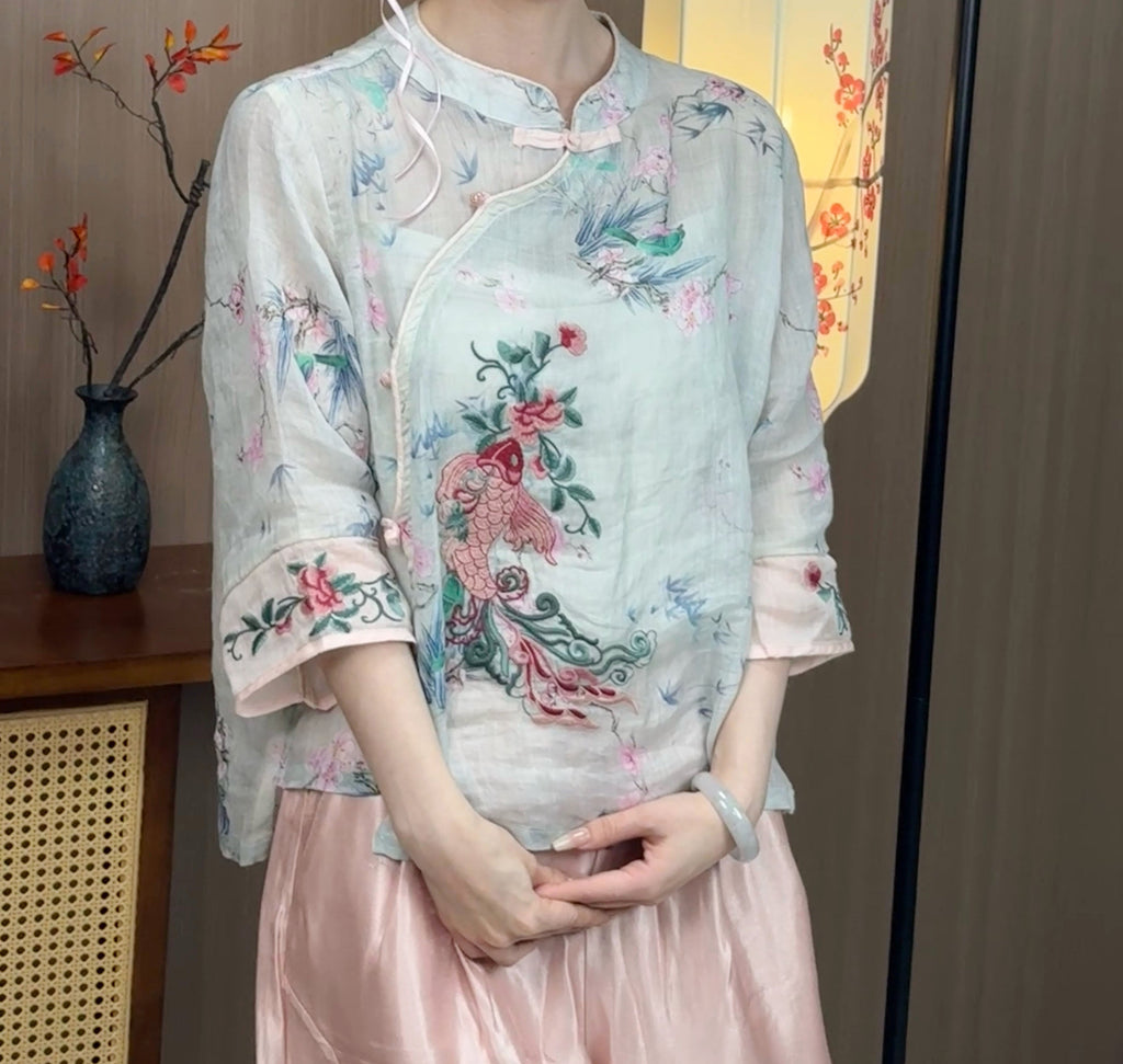 New Chinese-style Koi Embroidered Linen Diagonal Placket Top