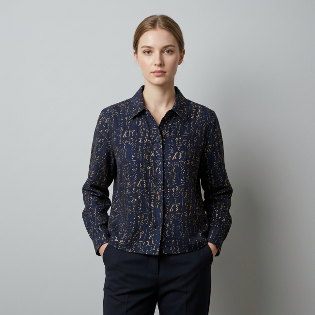 New Chinese-style Calligraphy Gilded Shirt, Navy Chinese Style Jacquard Long-Sleeve Top