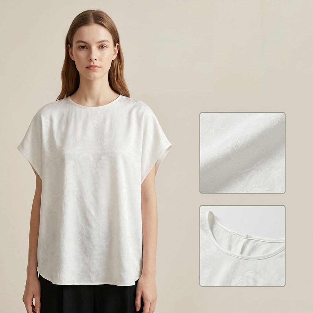 Rose jacquard satin women's top sleeveless round neck chiffon blouse