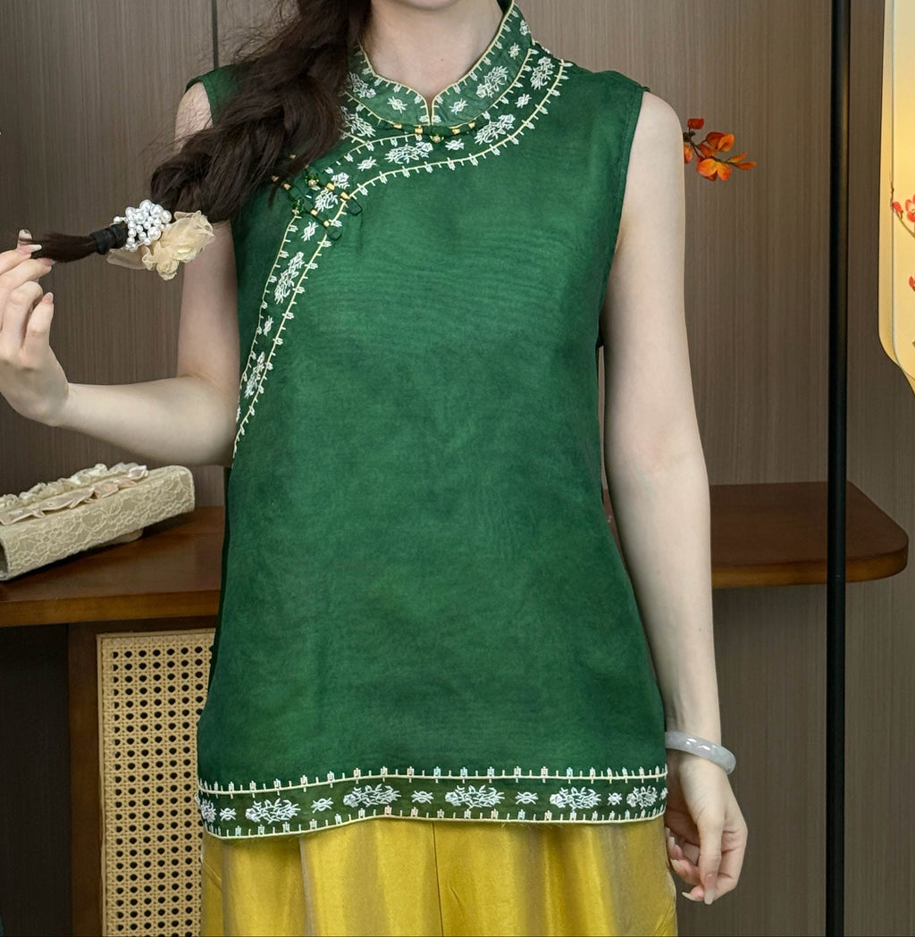 New Chinese-style Dark Green Embroidered Chinese Vest