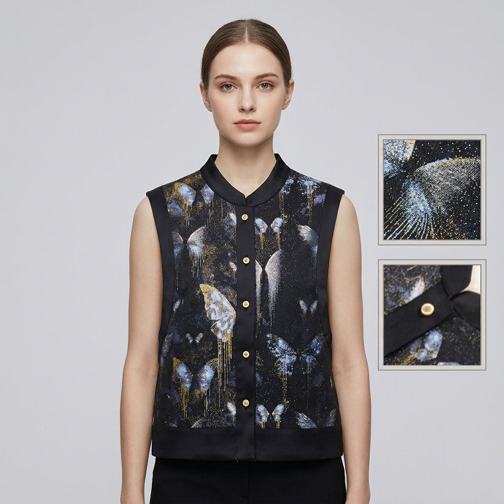 Women's top Tencel vest Blue butterfly tank top Sleeveless jacket